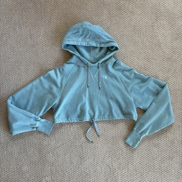 Champion Cropped Hoodie Women M Vintage Blue Reverse Weave Pullover Cinch Waist - Picture 7 of 11